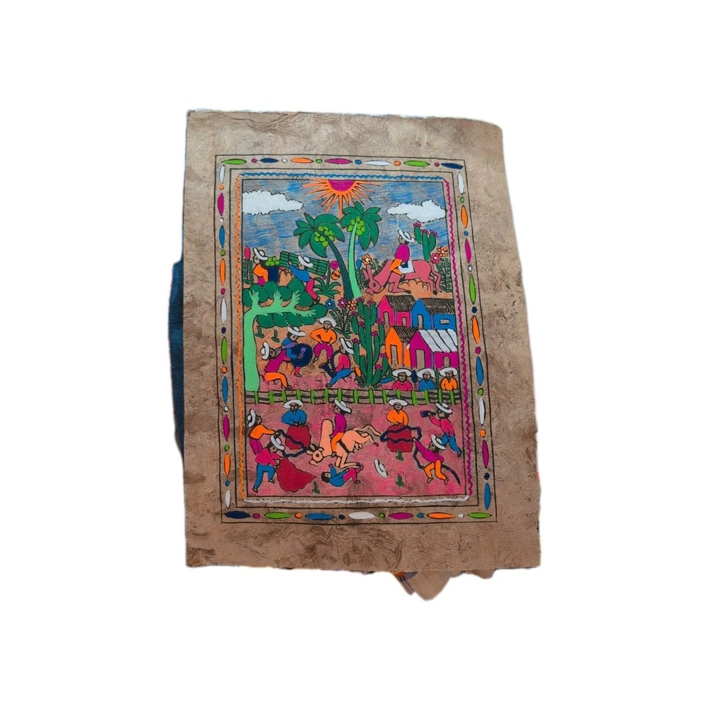 Mexican‎ Art 15 1/2" X 12" Amate Bark Painting Hand painted Folk art Bull Riding